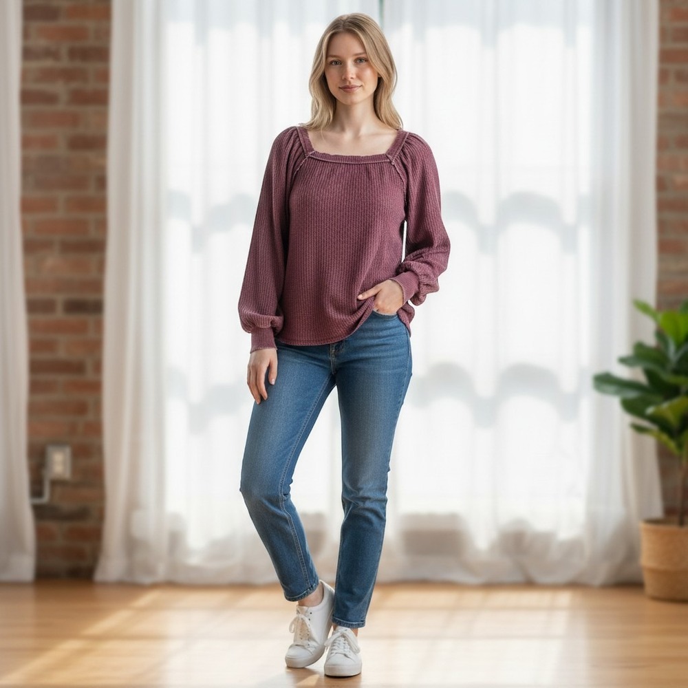 American Rag Cie Waffle Knit Top Burgundy Thermal Long Sleeve Boho Chic
